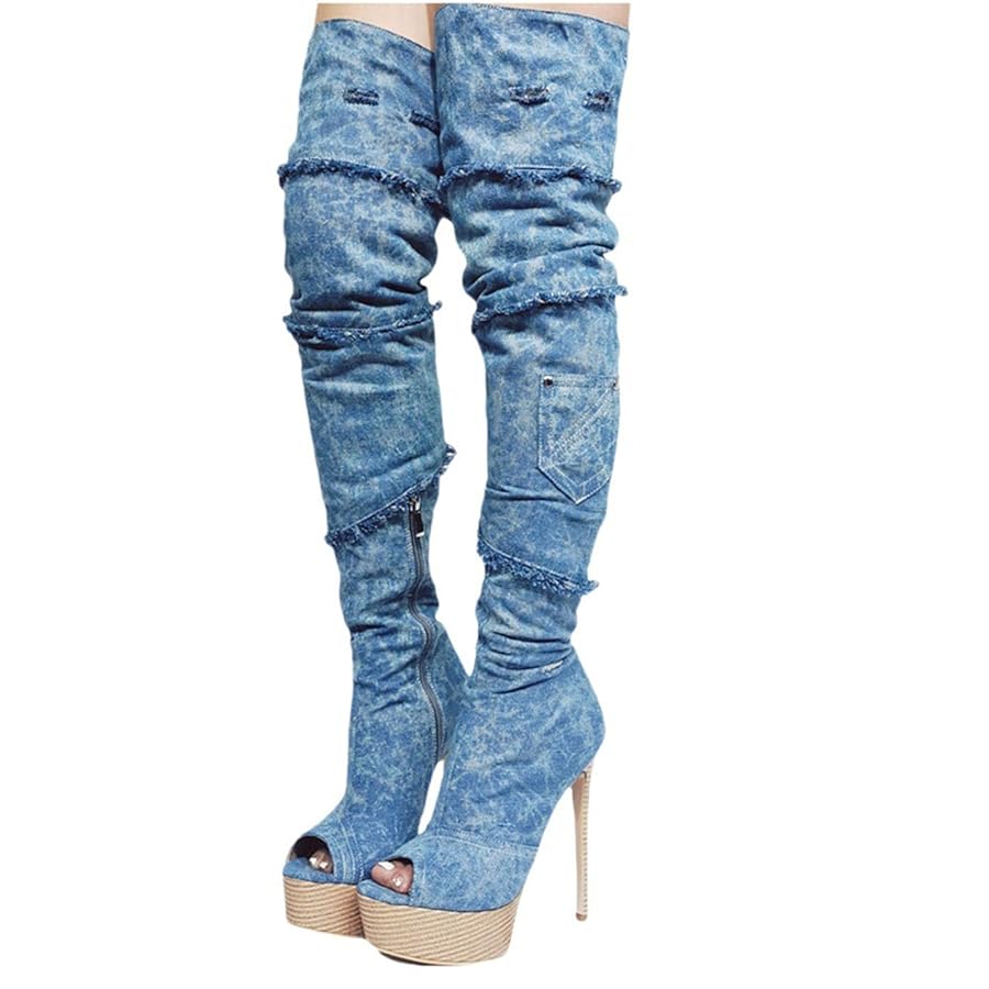 Amazon.com | LYXFYPi Thigh High Over Knee Boot, Denim Open